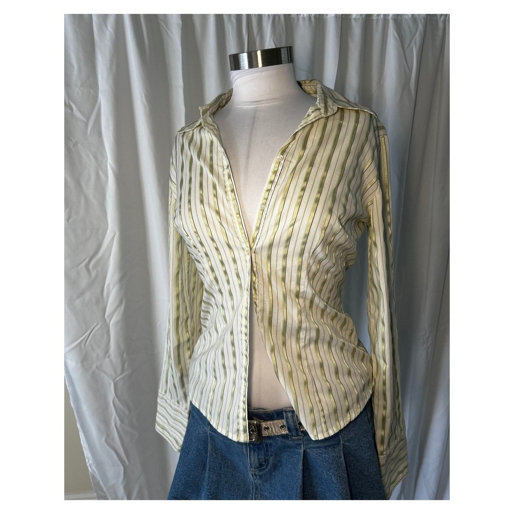 New York & Company Lime Green Striped Button Down Shirt Long Sleeve Size S